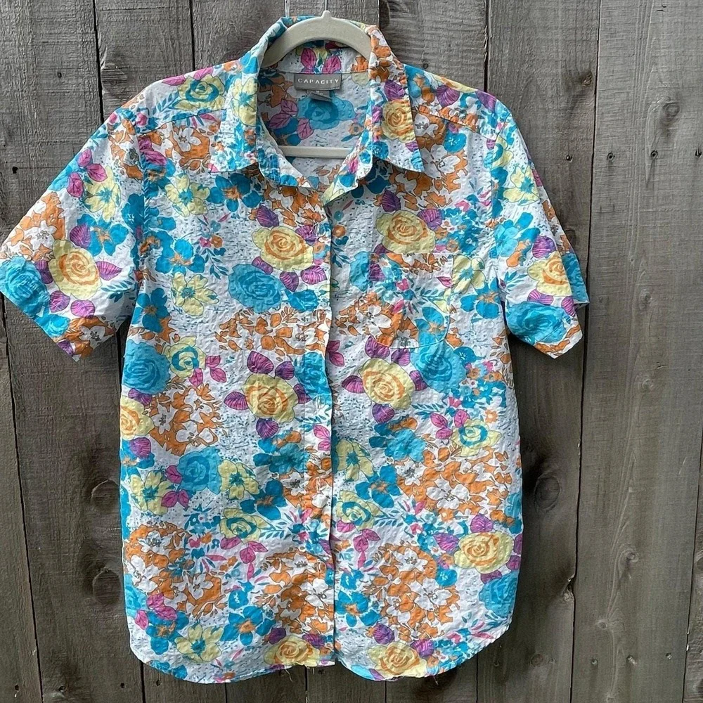 VTG Capacity Capri Set 80s Cotton Matching Floral Print High Rise Colorful Beach